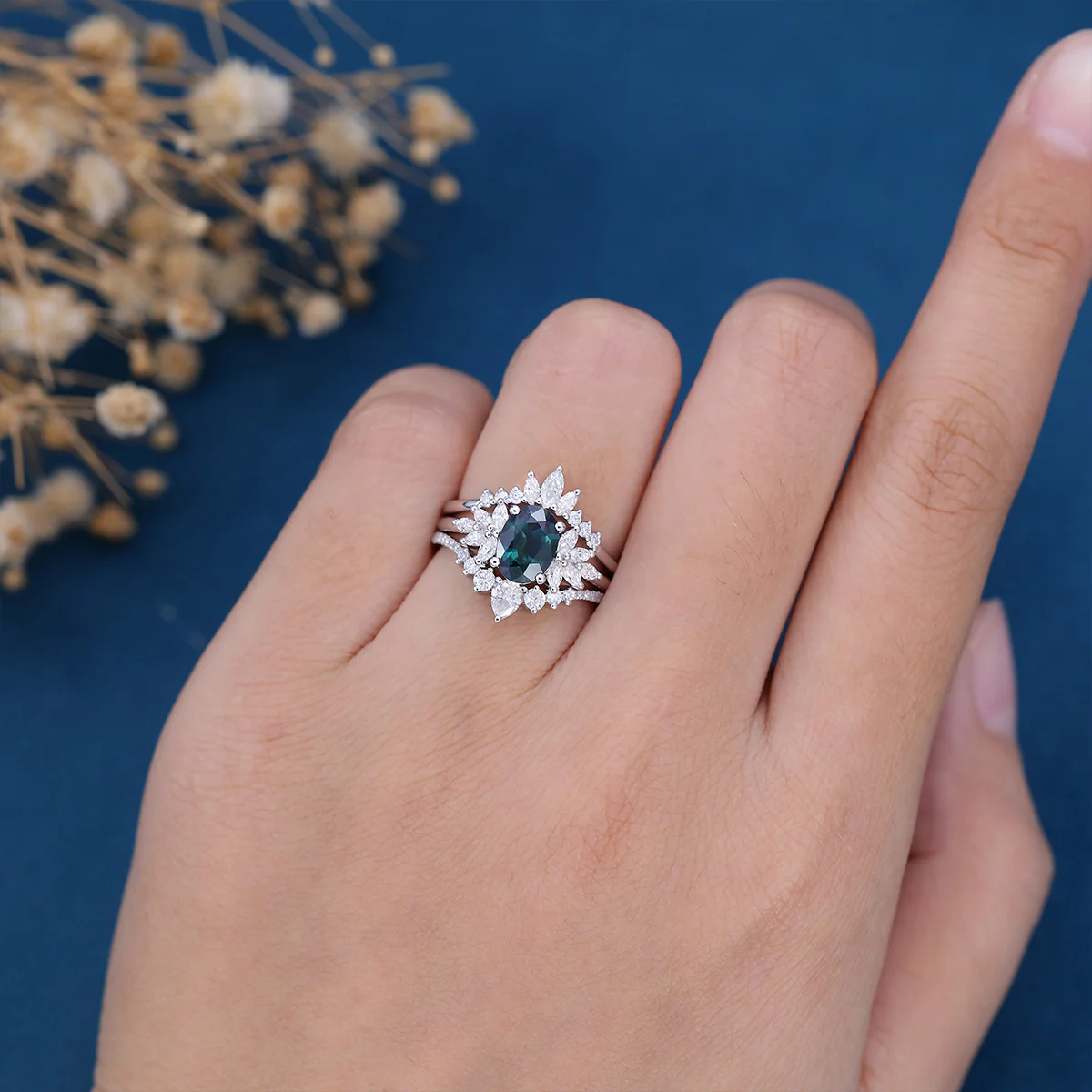 1.5Carat Oval cut Blue green sapphire Engagement Ring Set - Image 3