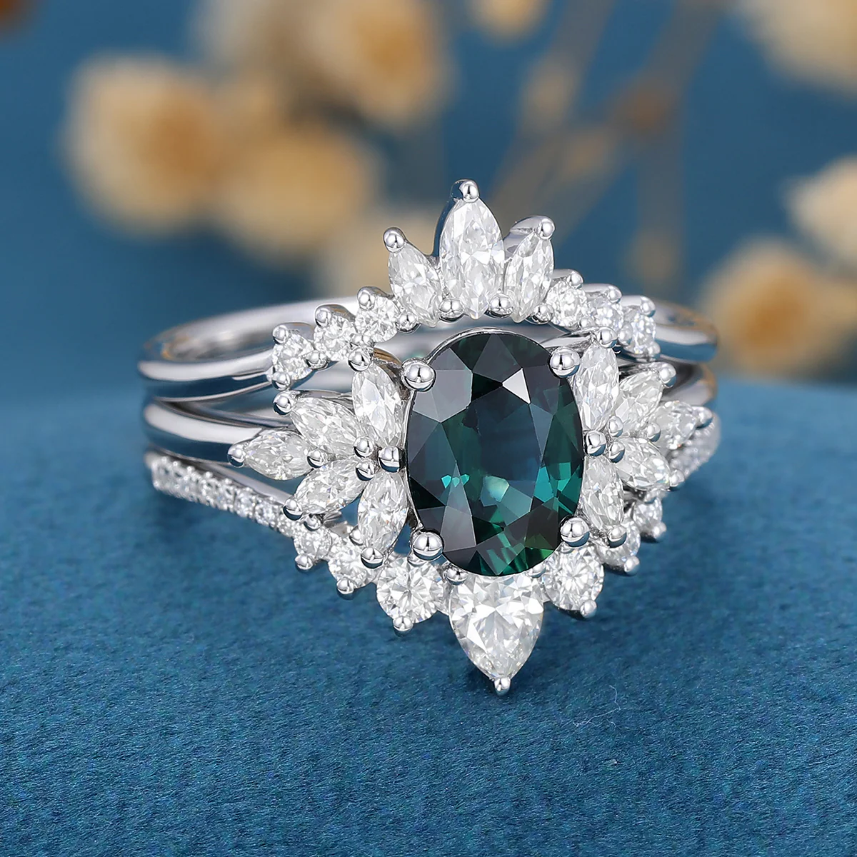 1.5Carat Oval cut Blue green sapphire Engagement Ring Set - Image 4