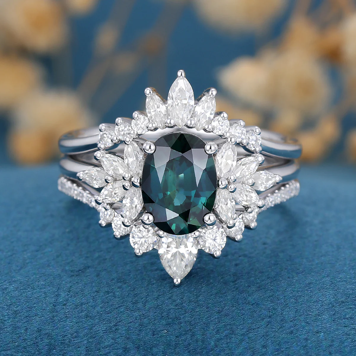 1.5Carat Oval cut Blue green sapphire Engagement Ring Set - Image 5