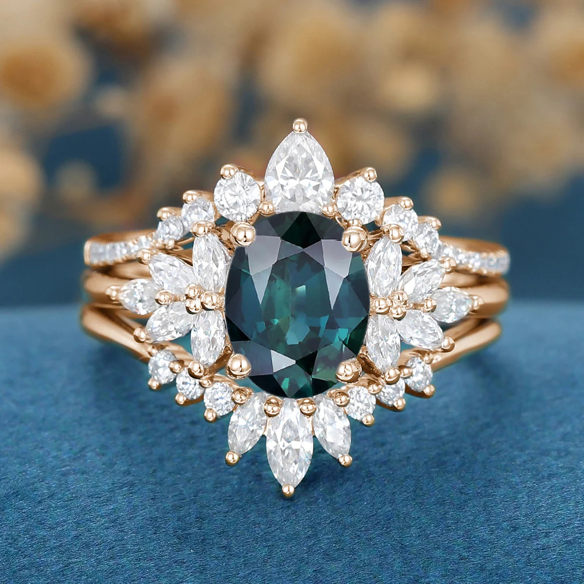 1.5Carat Oval cut Blue green sapphire Engagement Ring Set - Image 6
