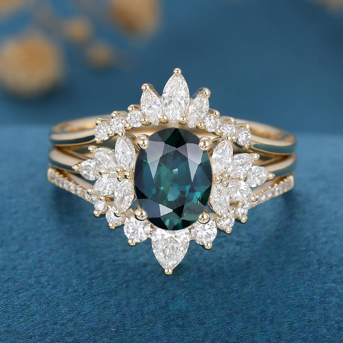 1.5Carat Oval cut Blue green sapphire Engagement Ring Set - Image 7