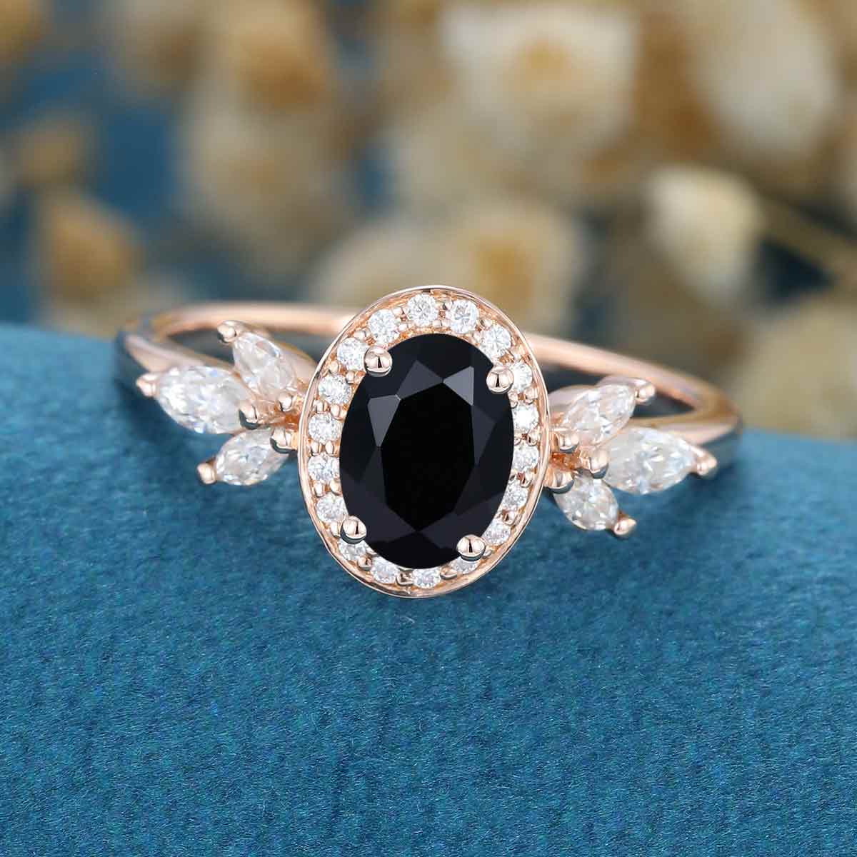 1.5Carat Oval cut Black Onyx Cluster Engagement Ring - Image 4