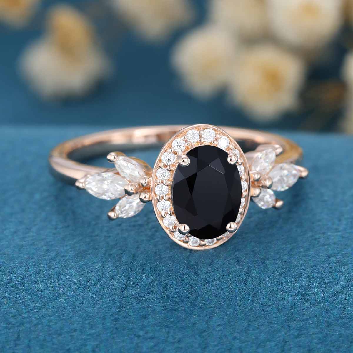 1.5Carat Oval cut Black Onyx Cluster Engagement Ring - Image 5