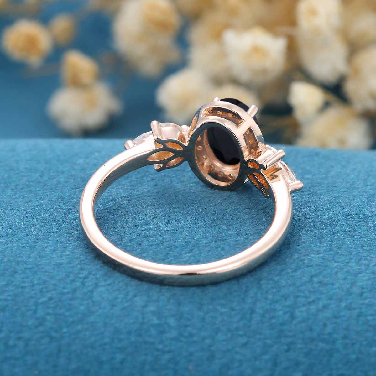 1.5Carat Oval cut Black Onyx Cluster Engagement Ring - Image 6