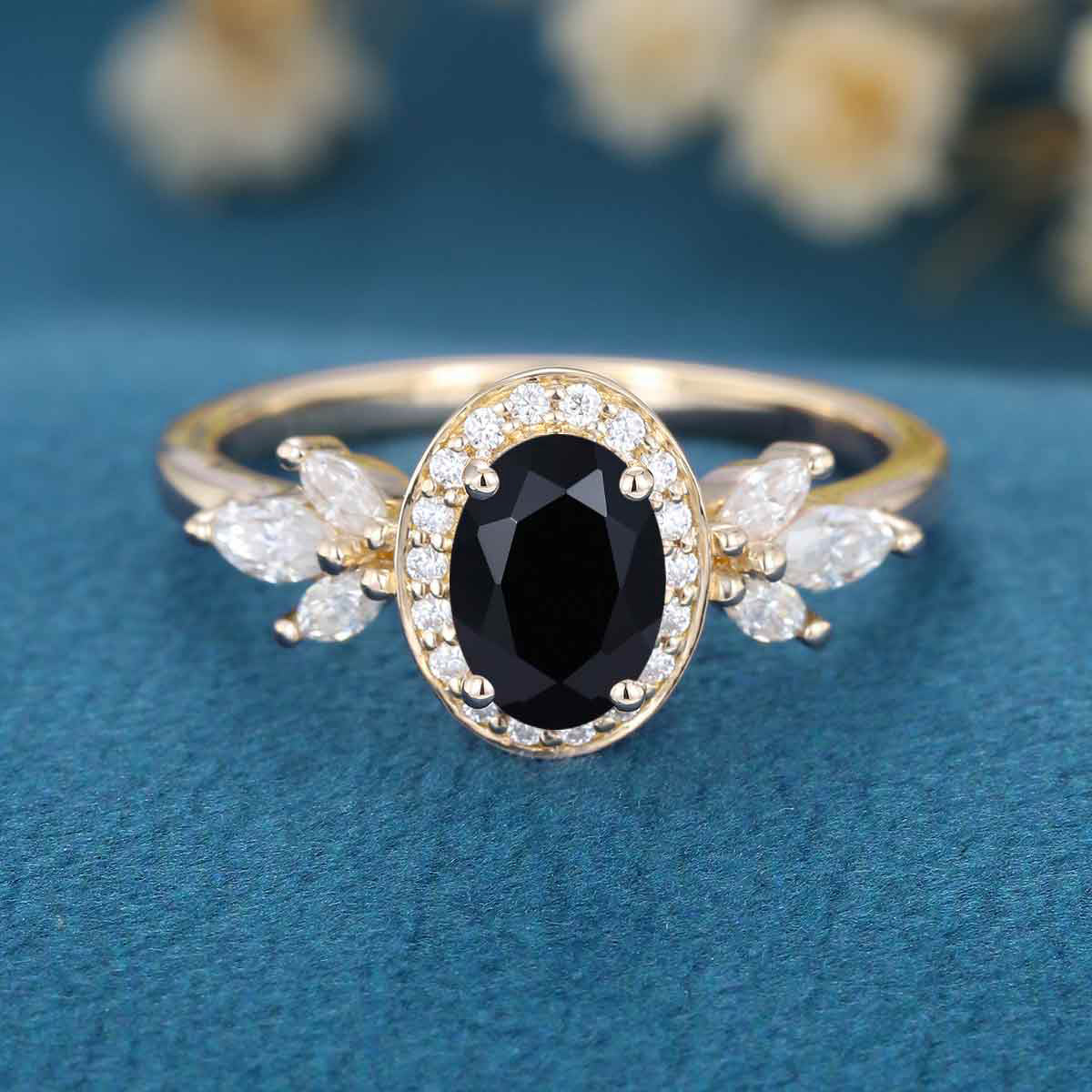 1.5Carat Oval cut Black Onyx Cluster Engagement Ring - Image 7