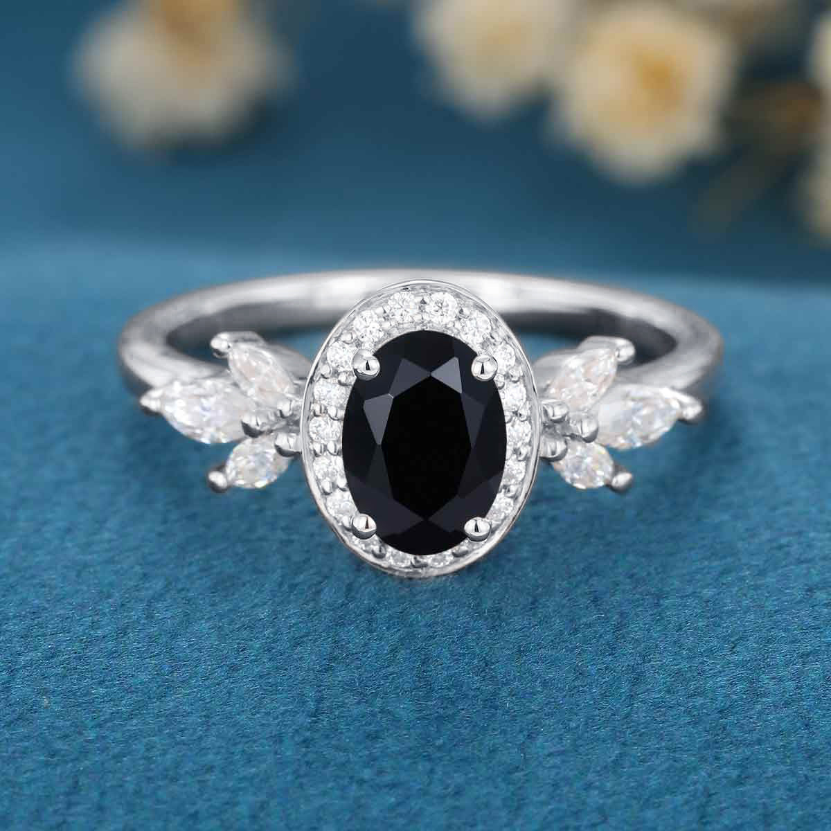 1.5Carat Oval cut Black Onyx Cluster Engagement Ring - Image 8
