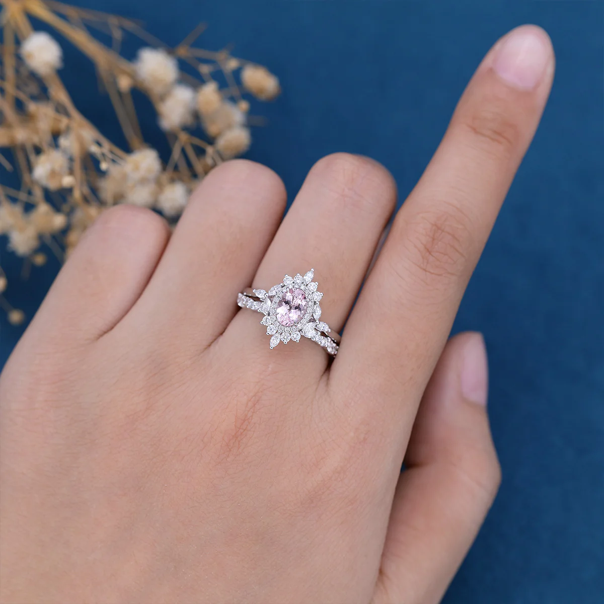 1.0Carat Oval cut Morganite Engagement ring Bridal Set - Image 2