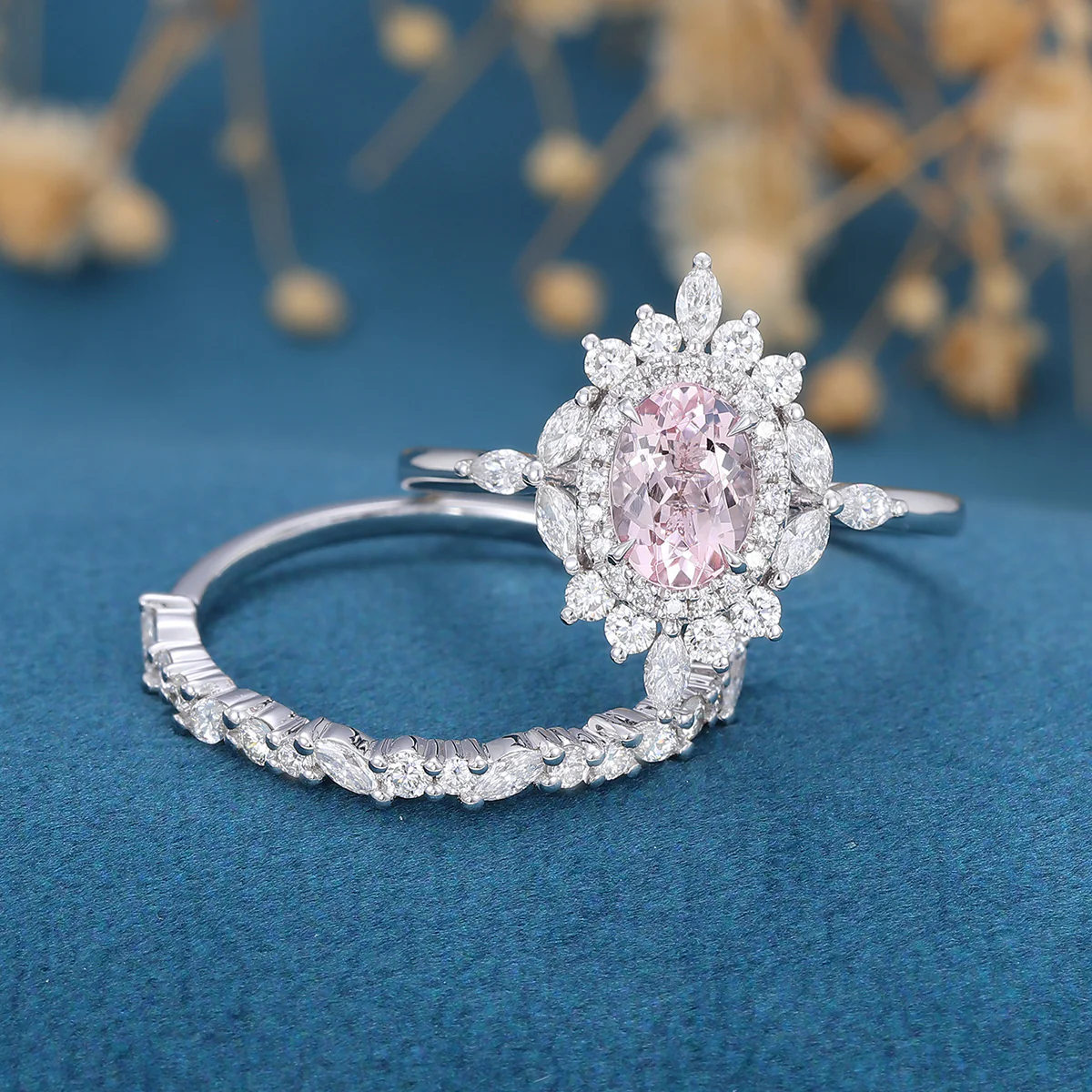 1.0Carat Oval cut Morganite Engagement ring Bridal Set - Image 3