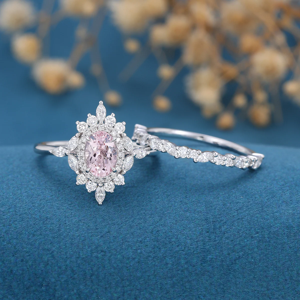 1.0Carat Oval cut Morganite Engagement ring Bridal Set - Image 4
