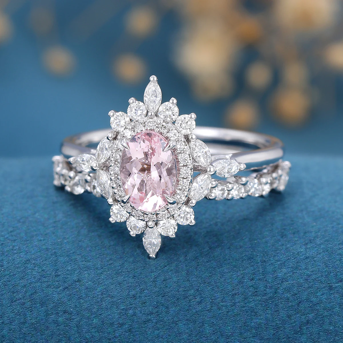 1.0Carat Oval cut Morganite Engagement ring Bridal Set - Image 5