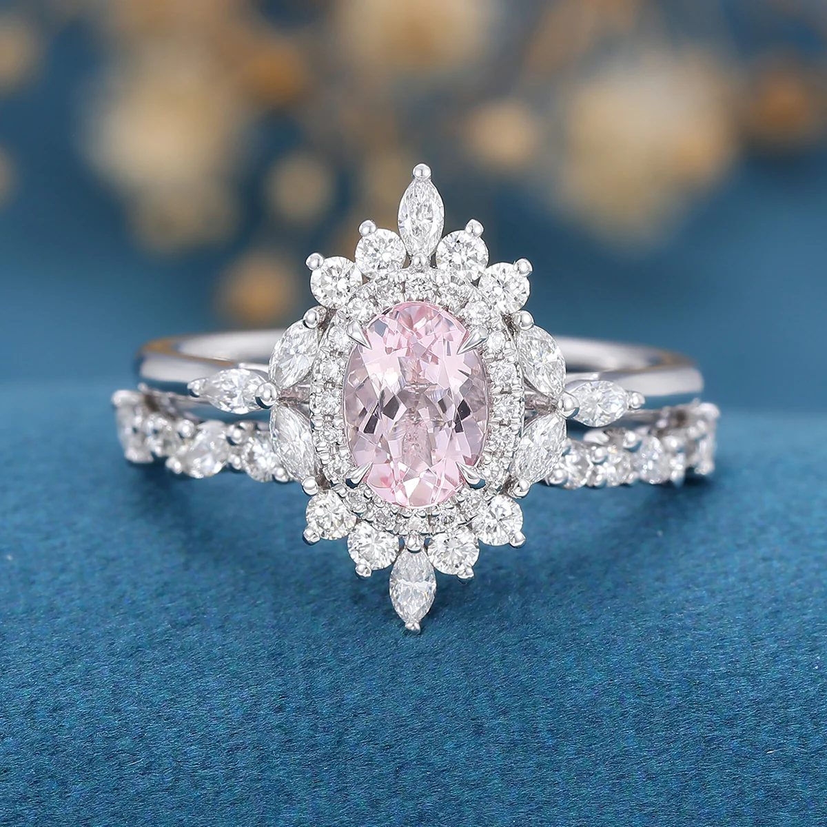 1.0Carat Oval cut Morganite Engagement ring Bridal Set - Image 6
