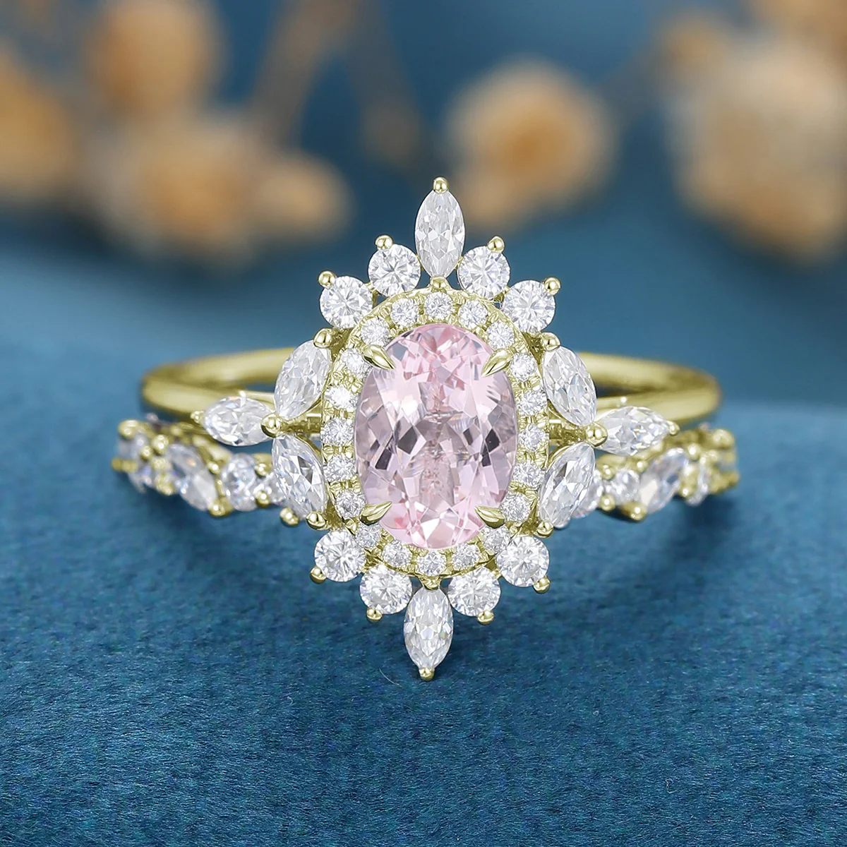 1.0Carat Oval cut Morganite Engagement ring Bridal Set - Image 7