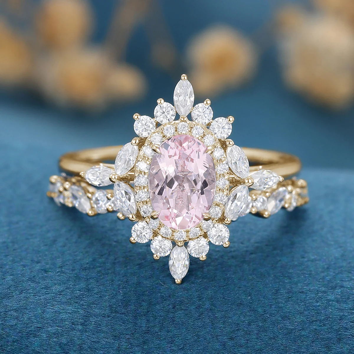 1.0Carat Oval cut Morganite Engagement ring Bridal Set - Image 8