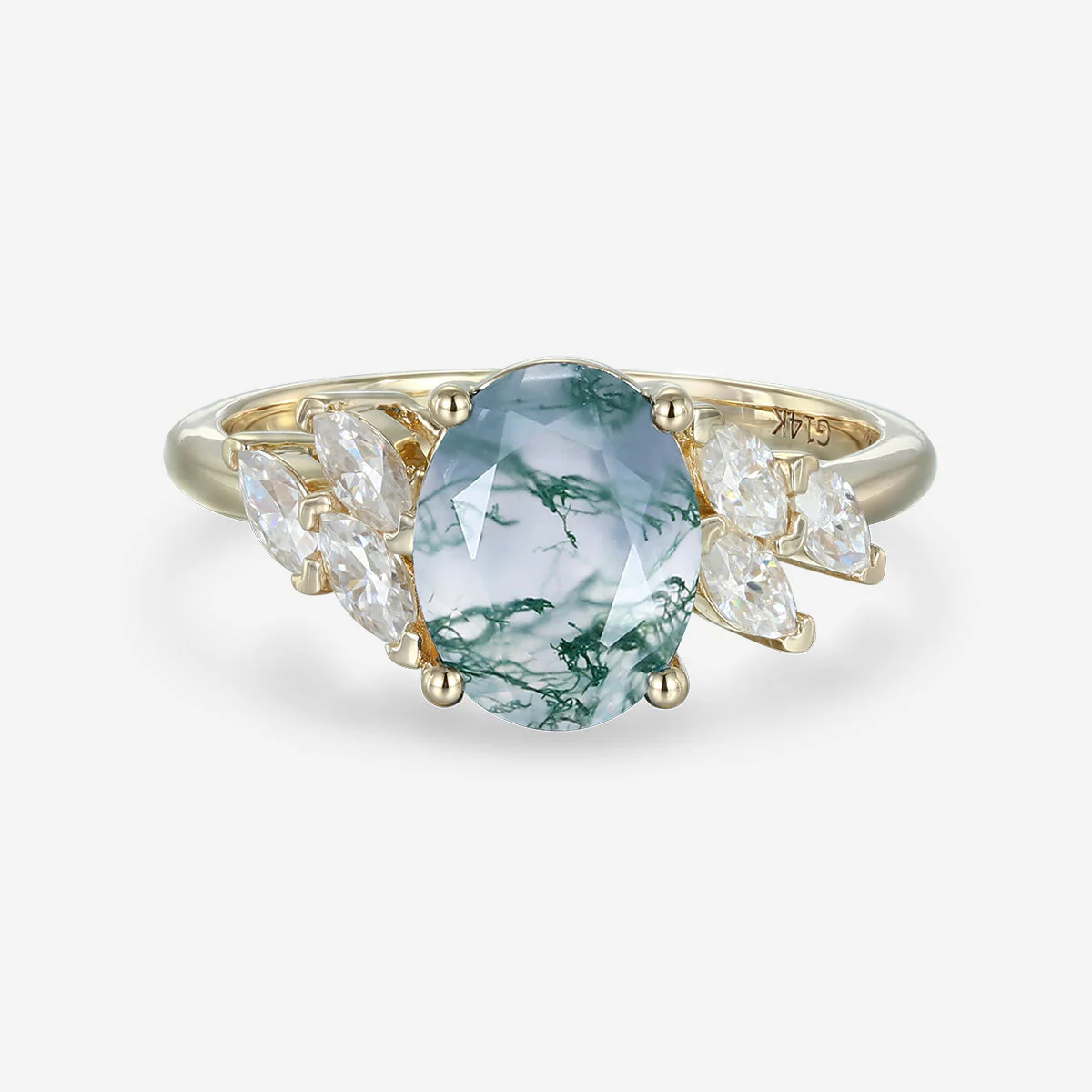 Oval Cut Natural Green Moss Agate Cluster Engagement Ring