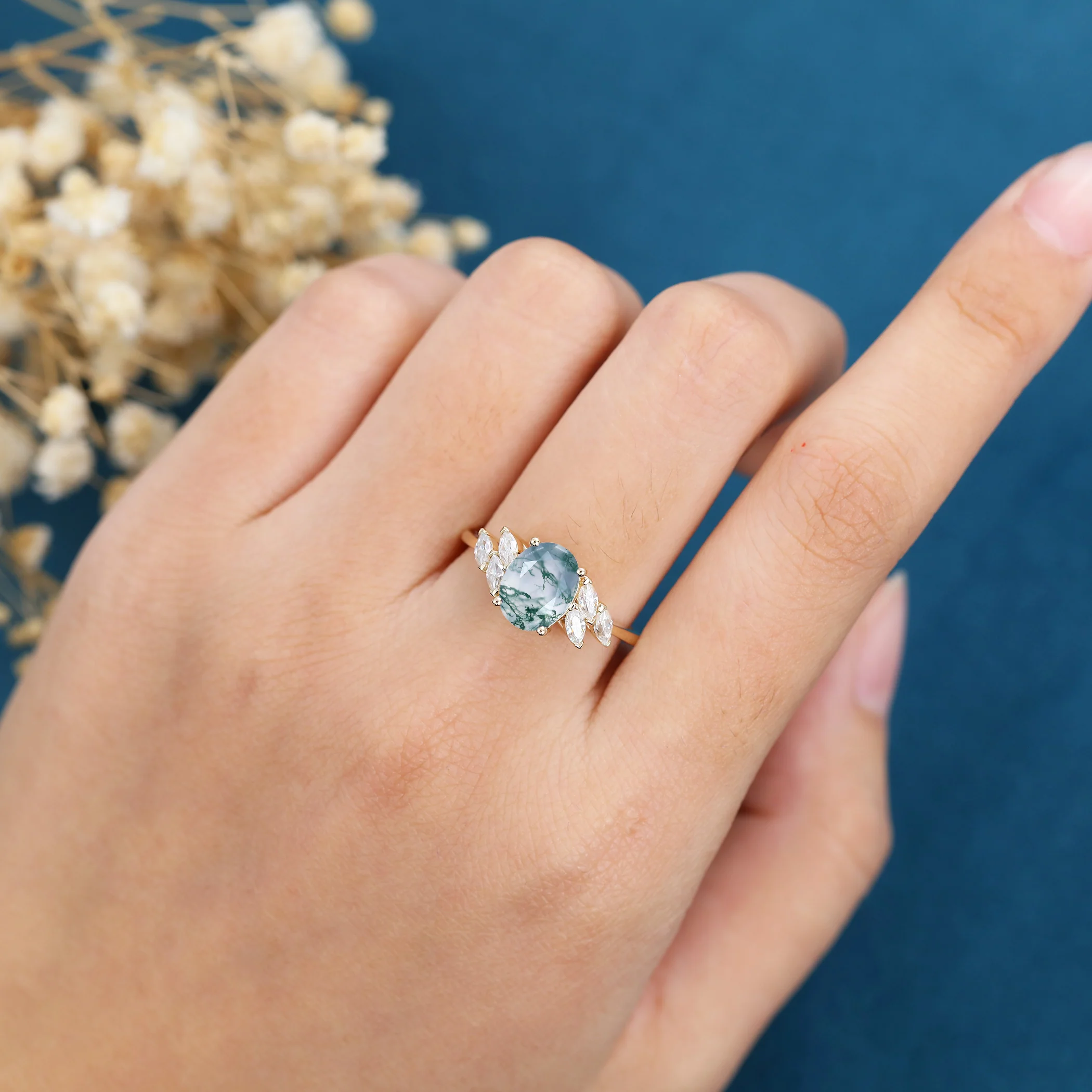 Oval Cut Natural Green Moss Agate Cluster Engagement Ring - Image 2