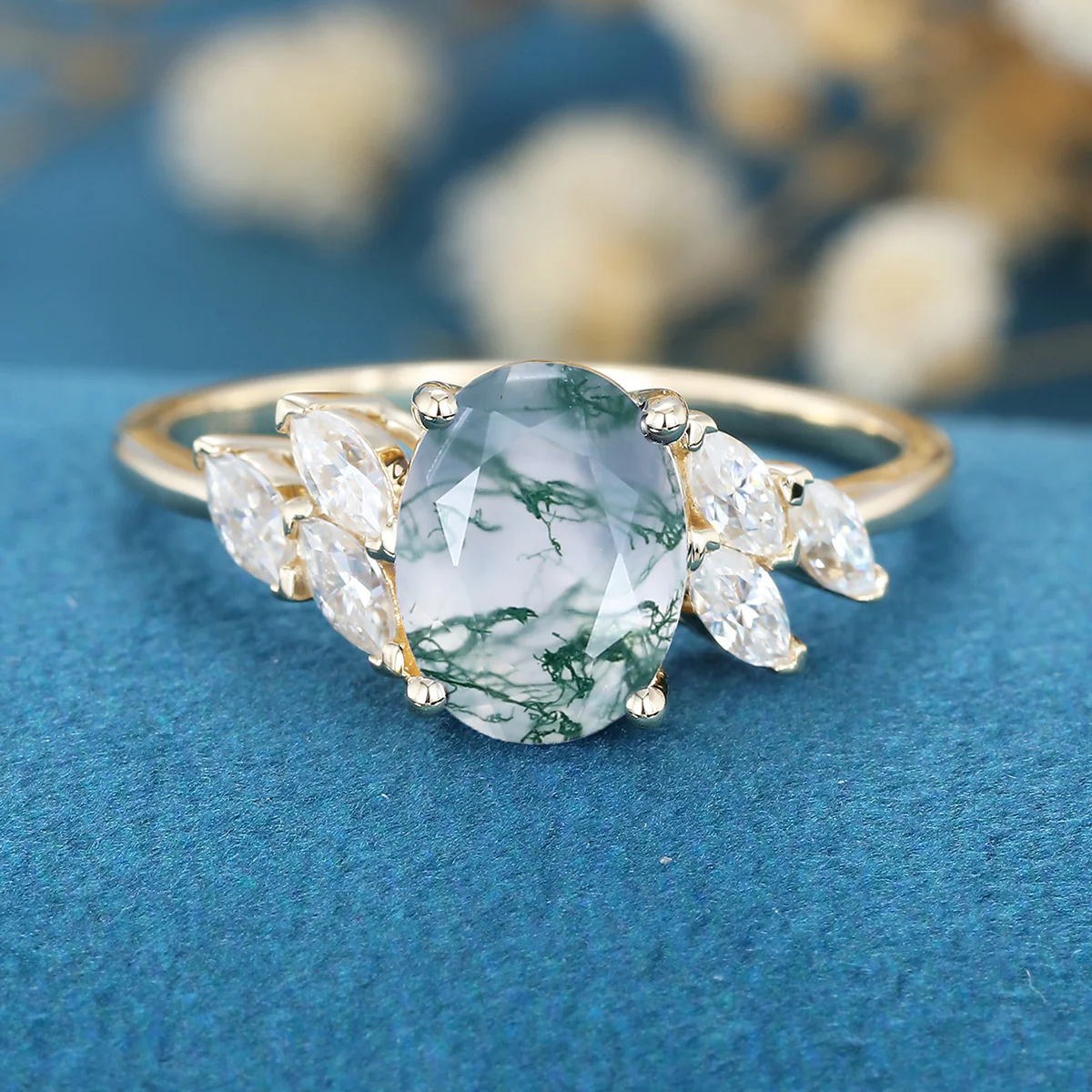 Oval Cut Natural Green Moss Agate Cluster Engagement Ring - Image 3