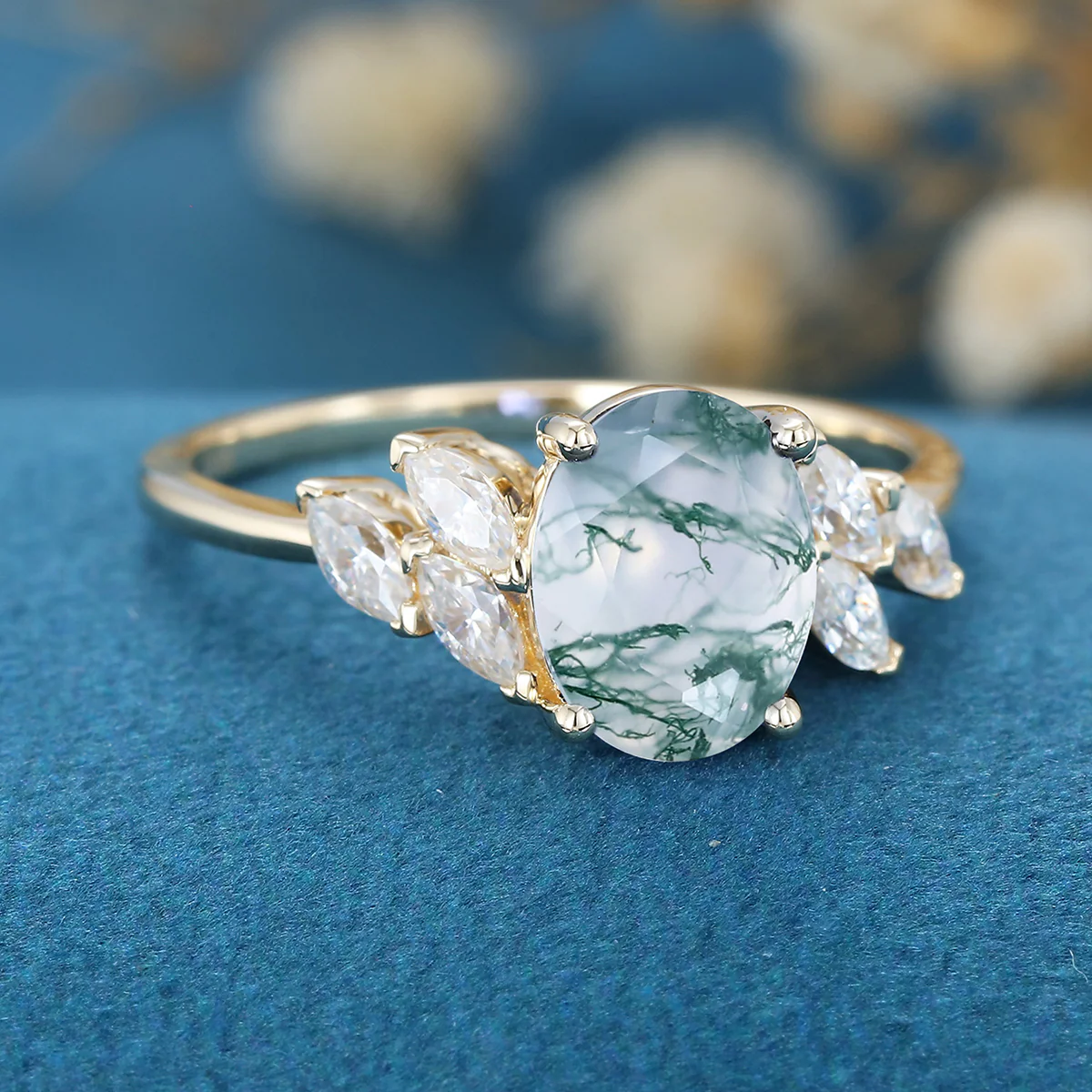 Oval Cut Natural Green Moss Agate Cluster Engagement Ring - Image 4