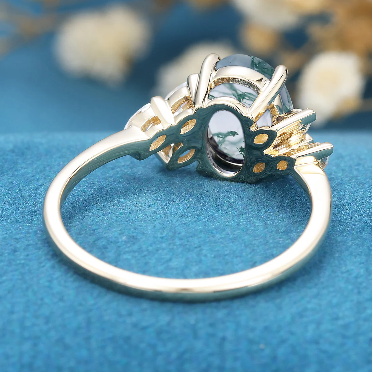 Oval Cut Natural Green Moss Agate Cluster Engagement Ring - Image 5
