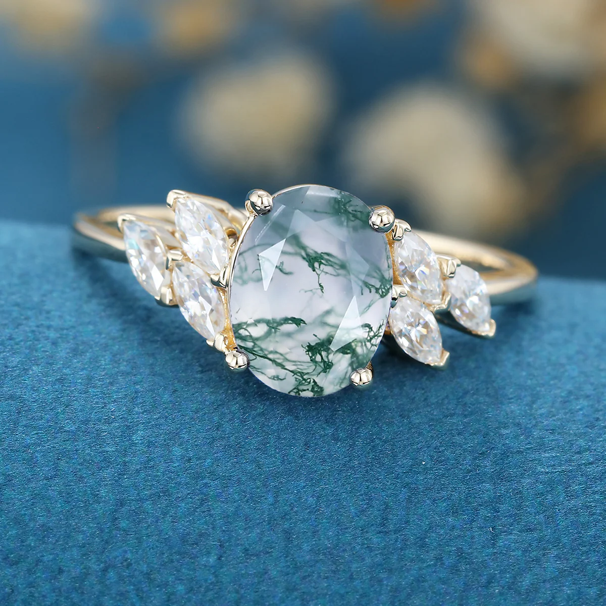 Oval Cut Natural Green Moss Agate Cluster Engagement Ring - Image 6