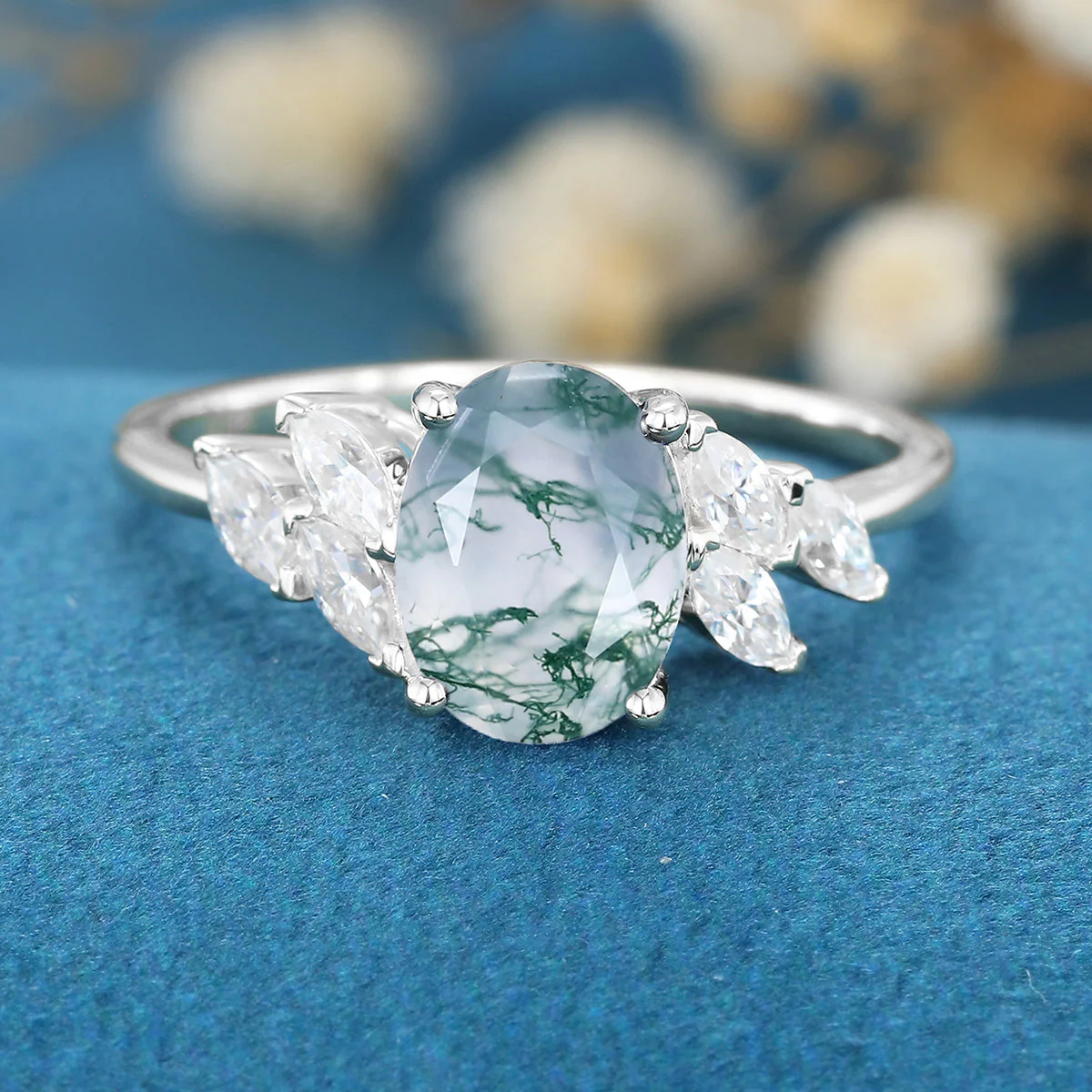 Oval Cut Natural Green Moss Agate Cluster Engagement Ring - Image 7
