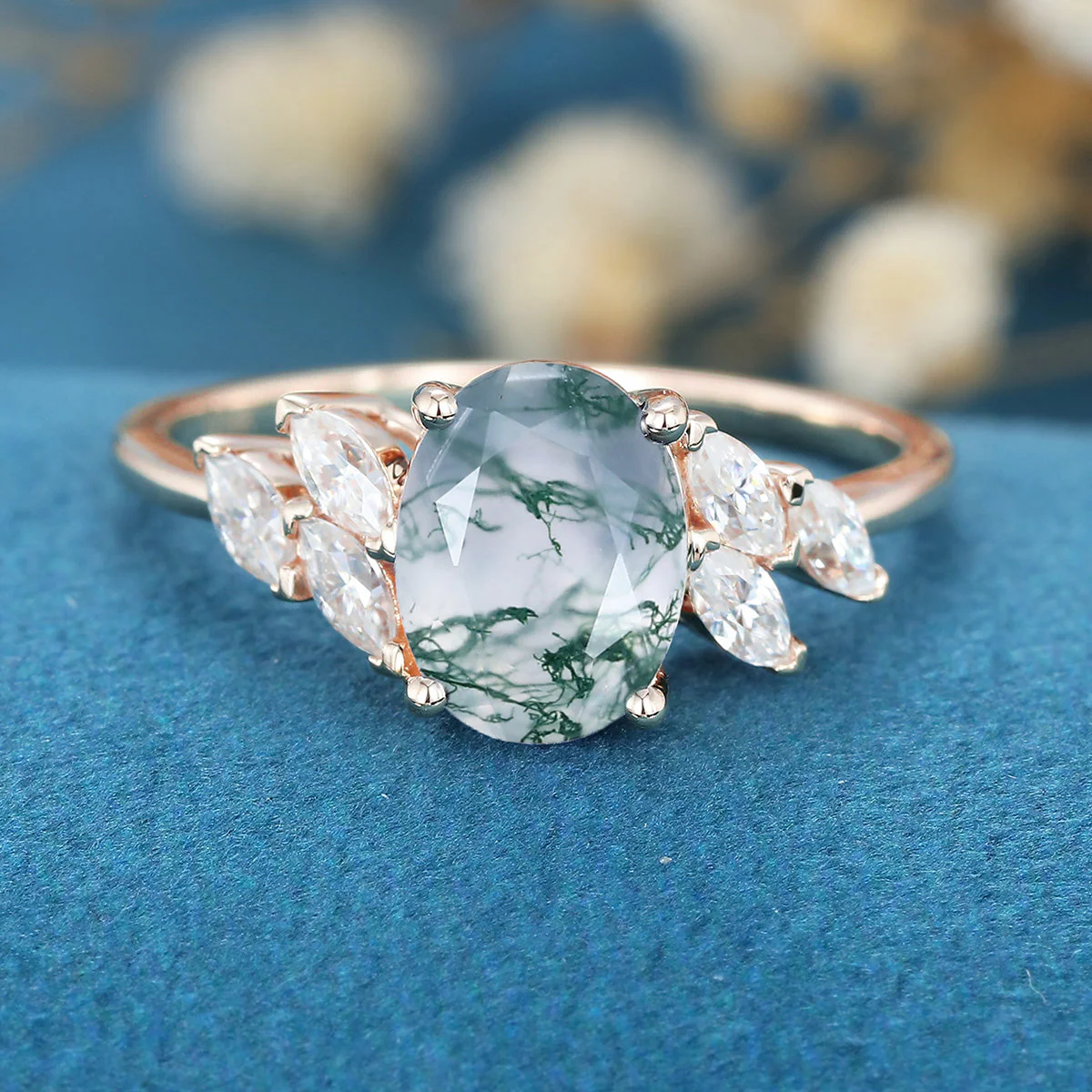 Oval Cut Natural Green Moss Agate Cluster Engagement Ring - Image 8