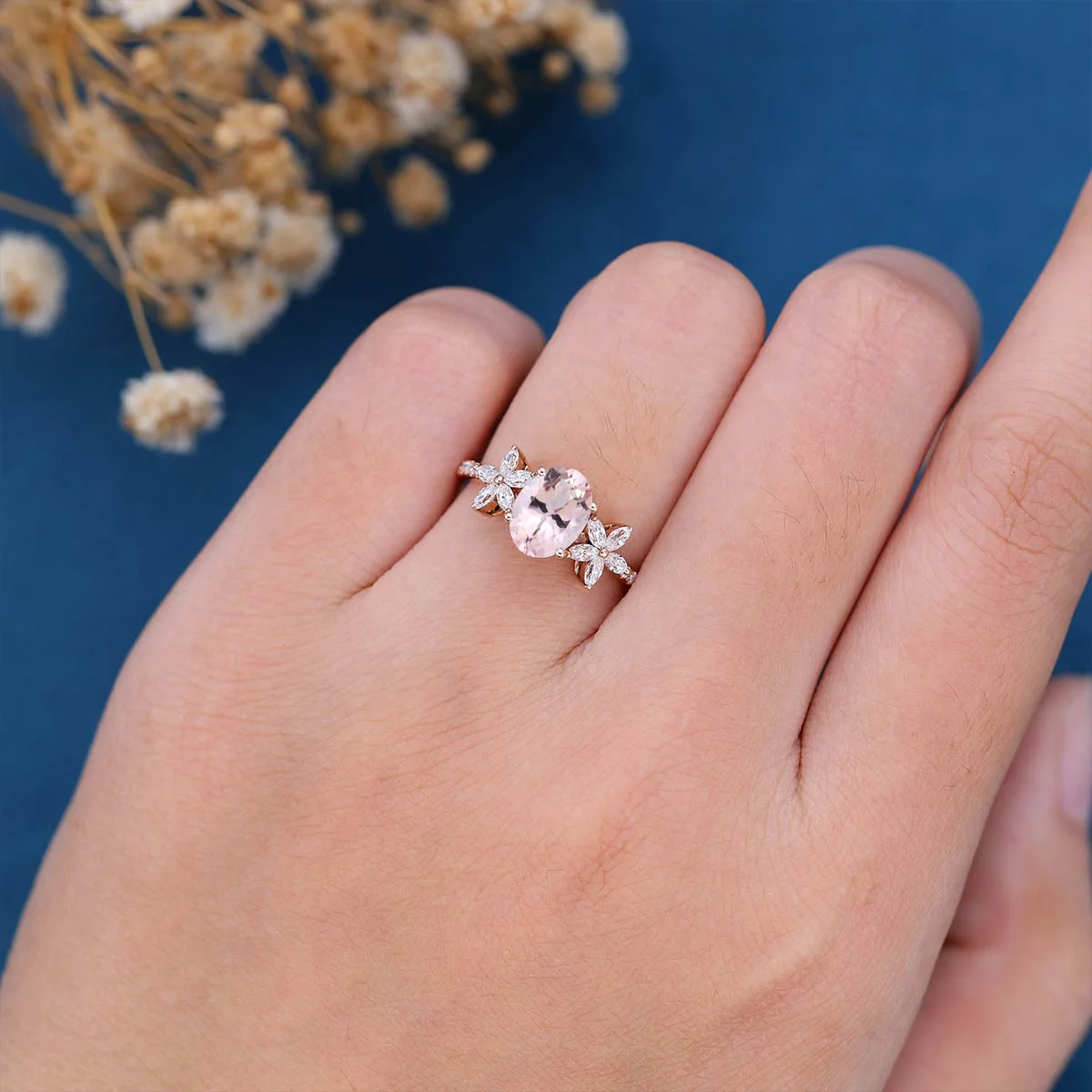 Oval cut Morganite Cluster Engagement Ring - Image 2