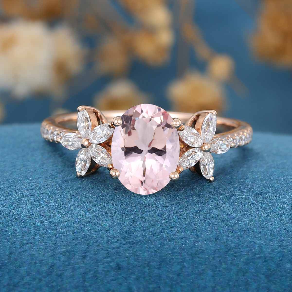 Oval cut Morganite Cluster Engagement Ring - Image 3