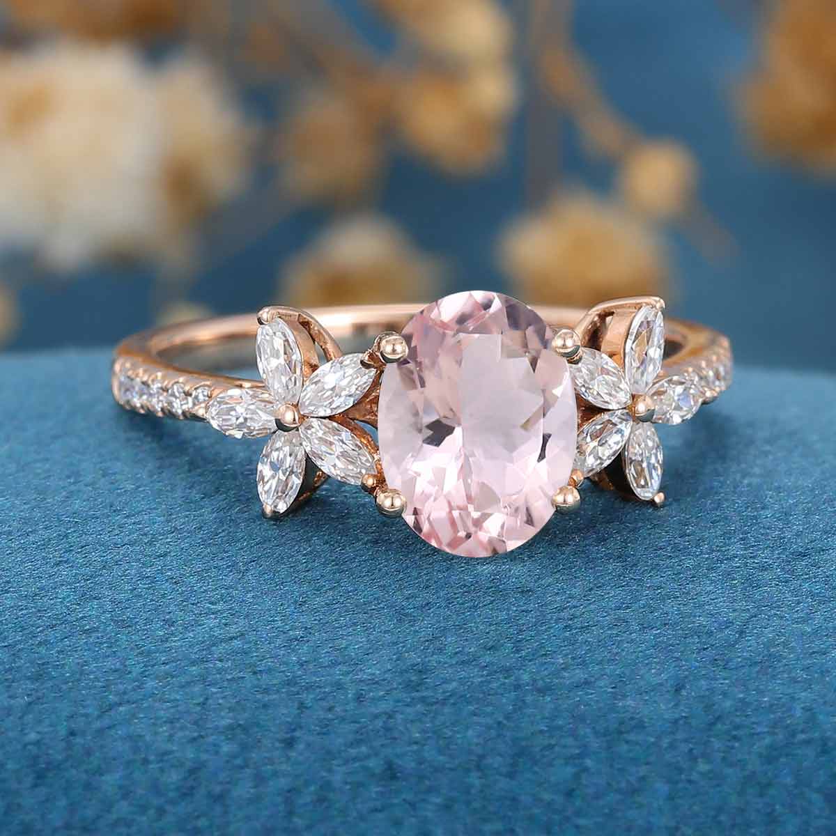 Oval cut Morganite Cluster Engagement Ring - Image 4