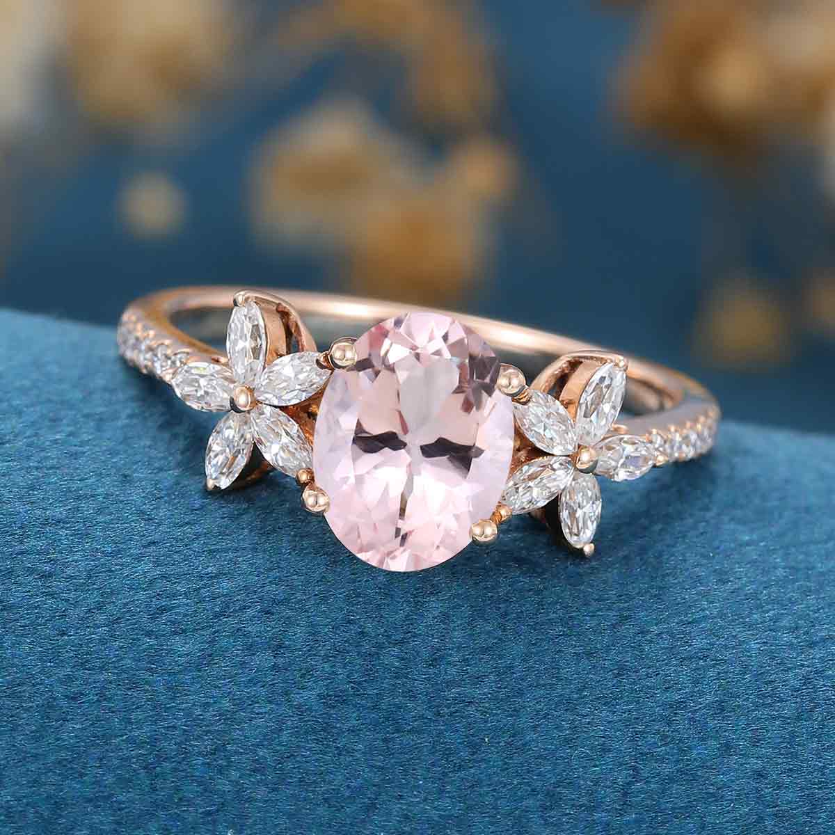 Oval cut Morganite Cluster Engagement Ring - Image 5