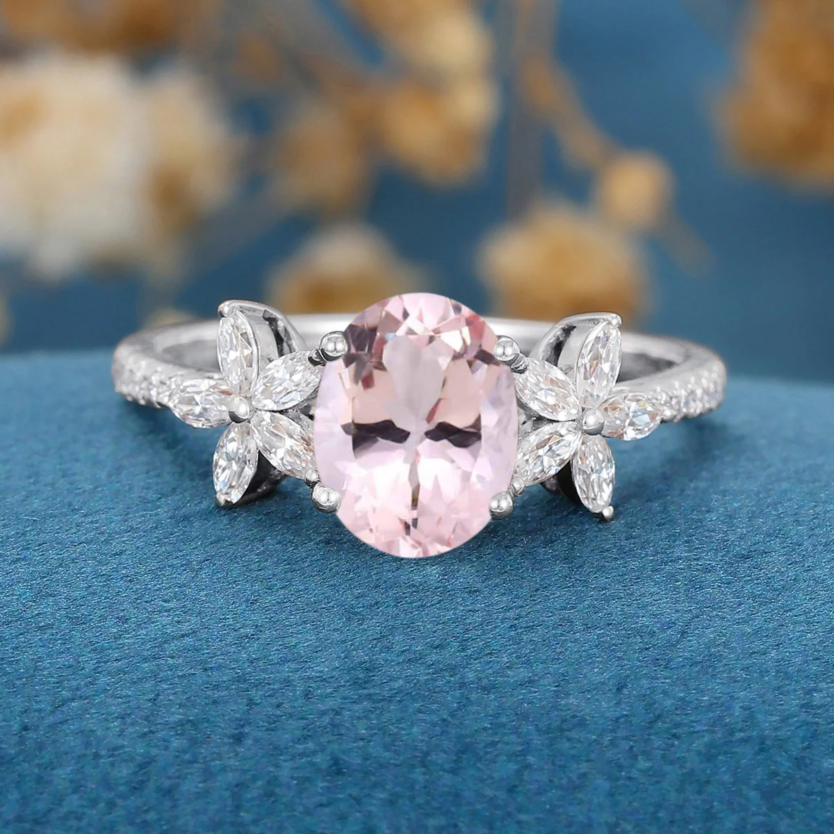 Oval cut Morganite Cluster Engagement Ring - Image 7