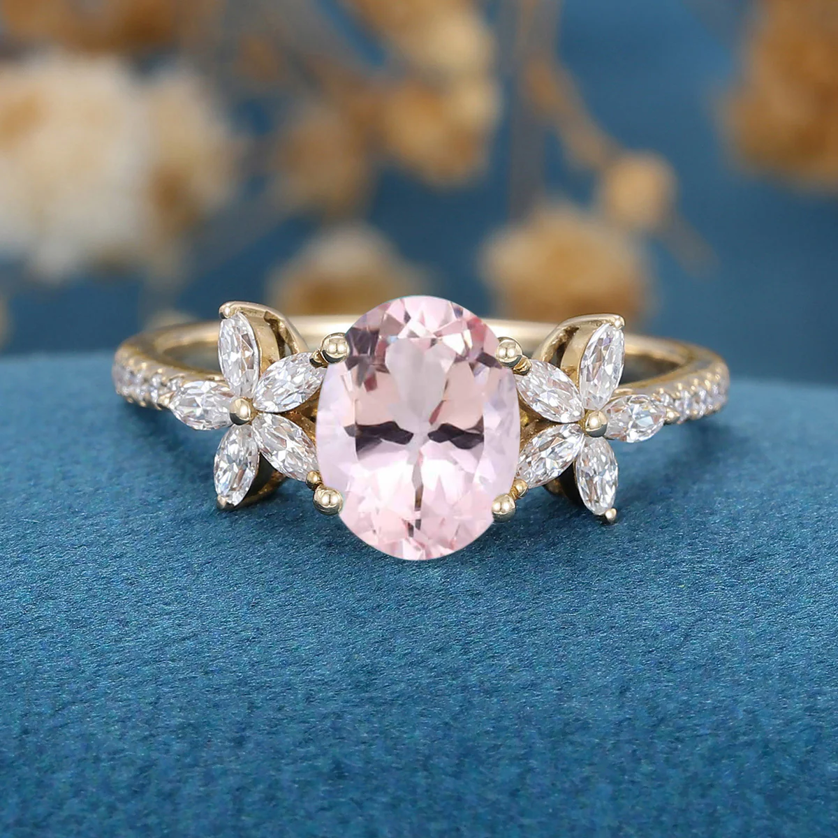 Oval cut Morganite Cluster Engagement Ring - Image 8