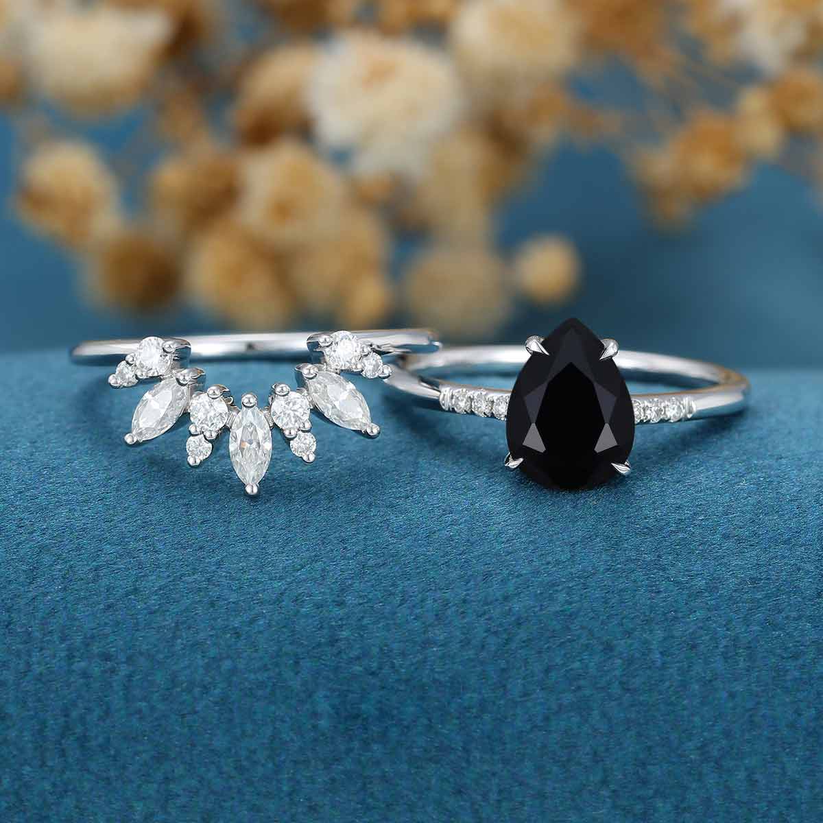 Pear Black Onyx Halo Diamond Engagement Ring Bridal Set - Image 3