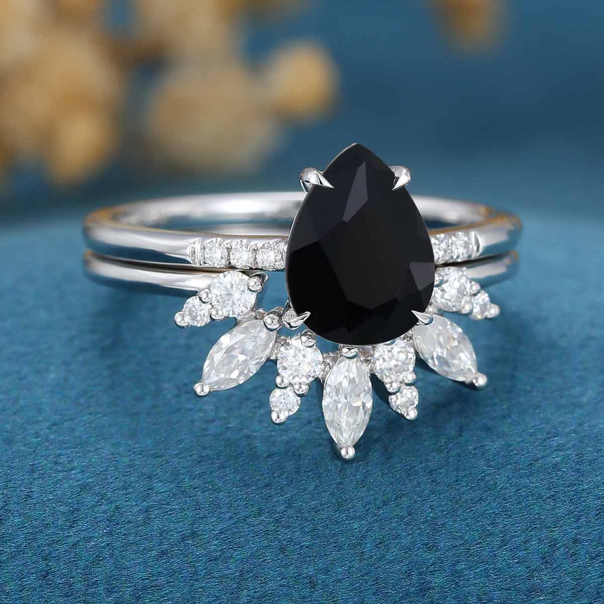 Pear Black Onyx Halo Diamond Engagement Ring Bridal Set - Image 5