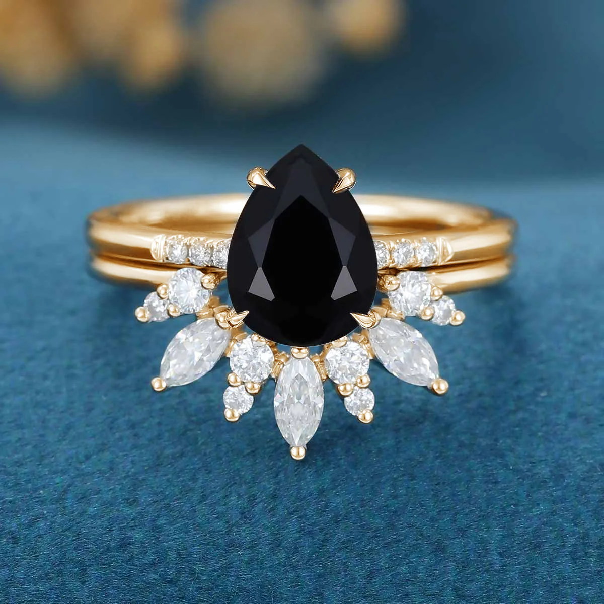 Pear Black Onyx Halo Diamond Engagement Ring Bridal Set - Image 6