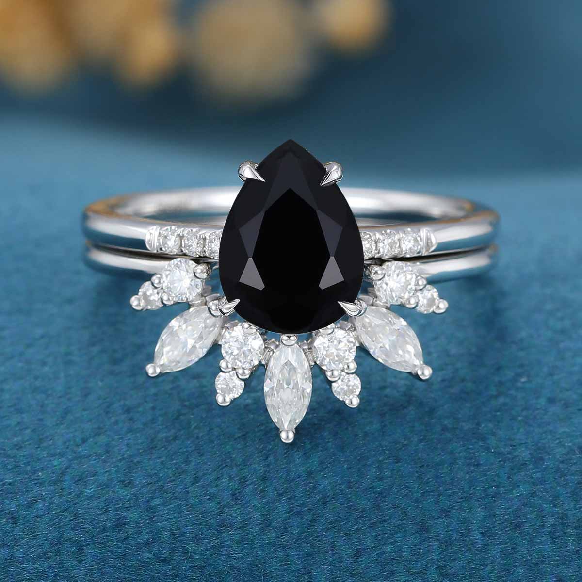 Pear Black Onyx Halo Diamond Engagement Ring Bridal Set - Image 7
