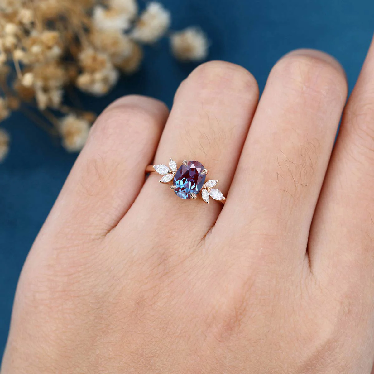 Oval cut Lab Alexandrite | Diamond Engagement ring - Image 2