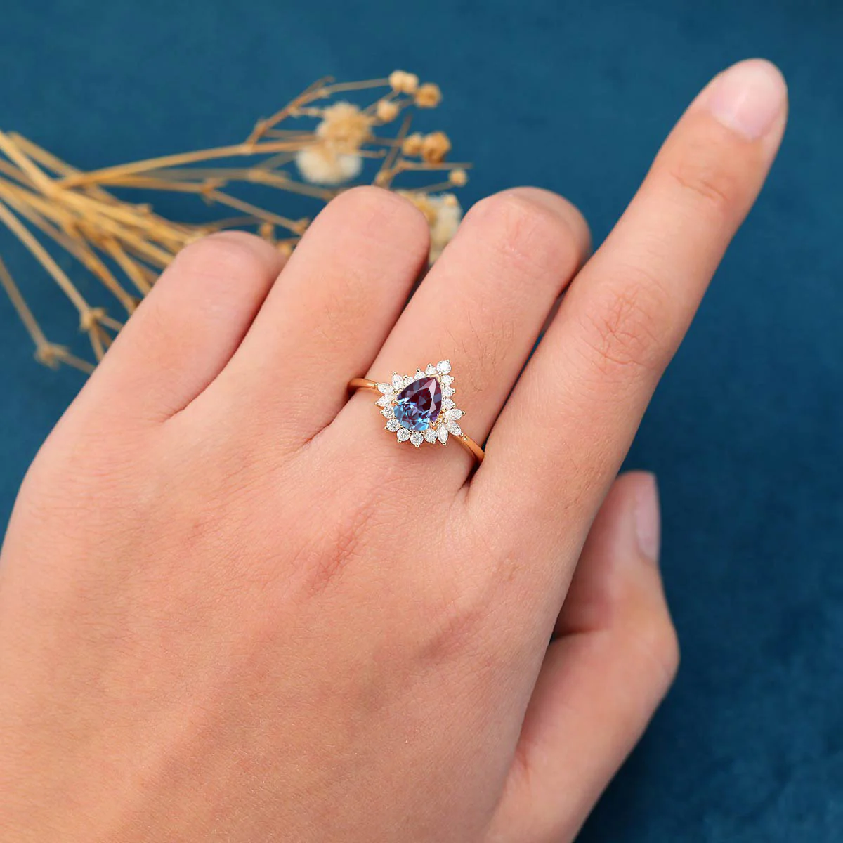 Pear cut Lab Alexandrite | Diamond Engagement ring - Image 2