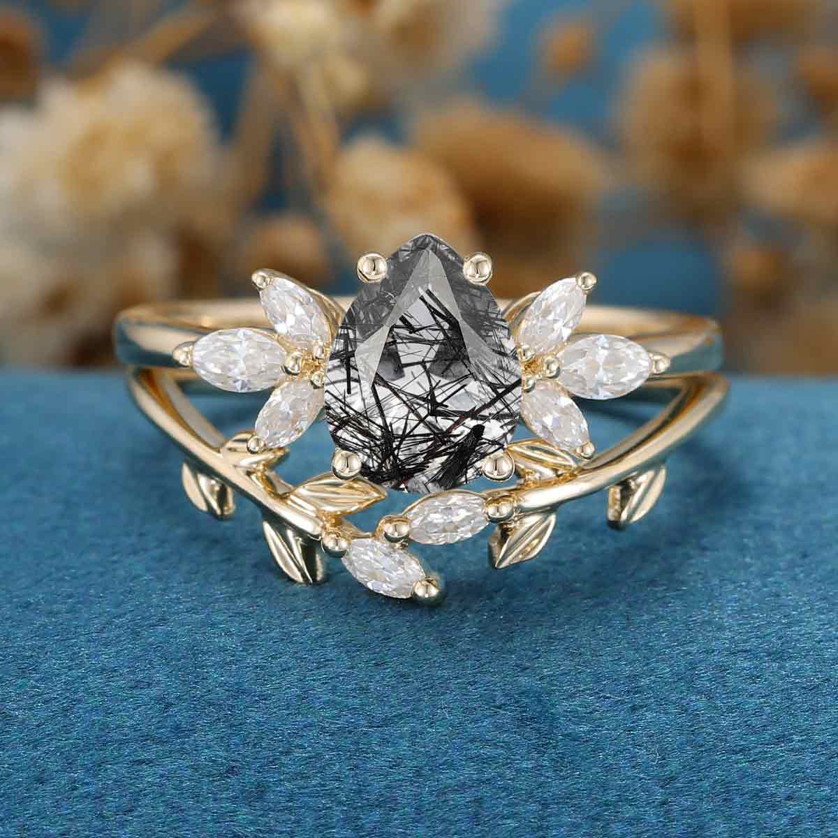 Pear cut Black Rutilated Quartz Engagement ring Bridal Set - Image 3