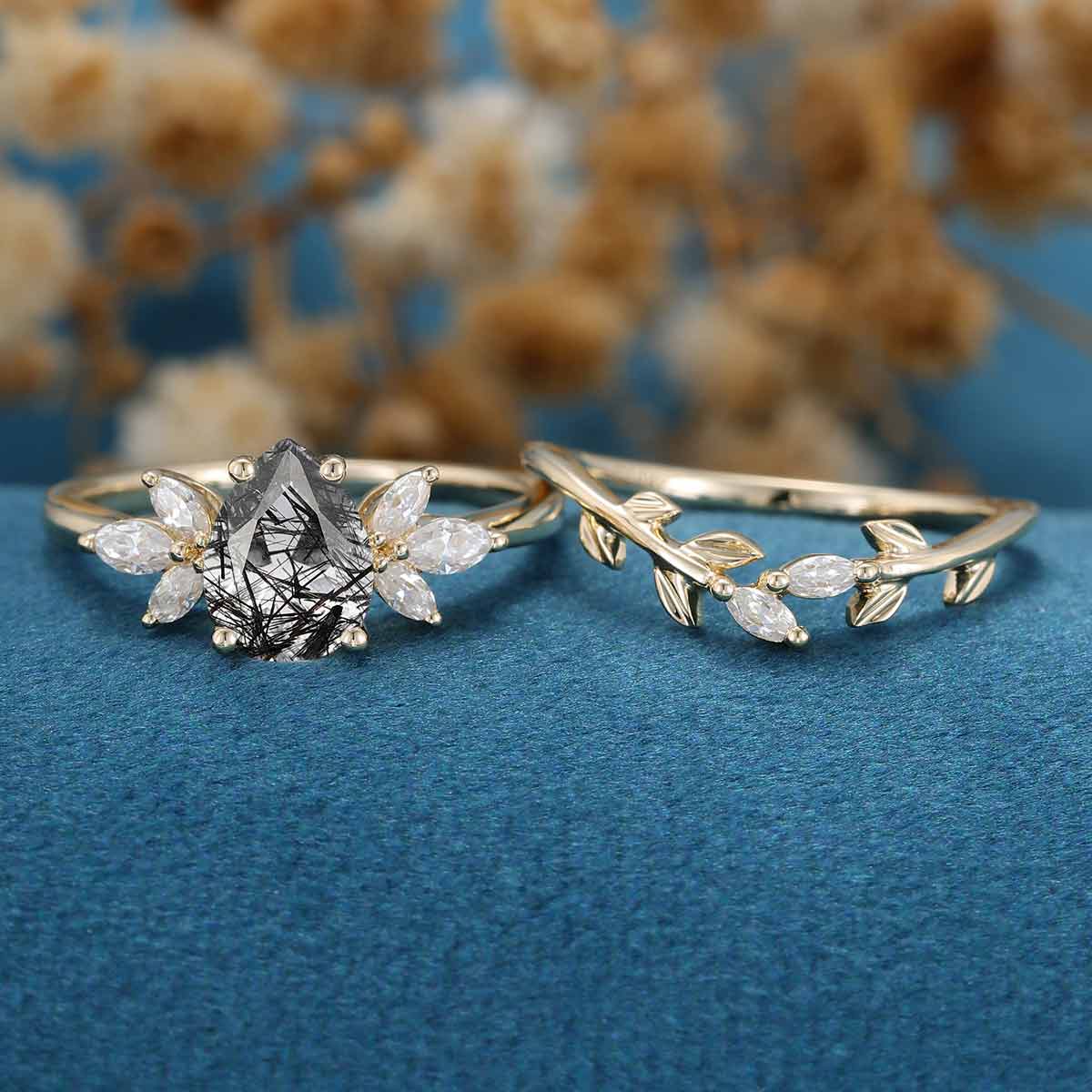 Pear cut Black Rutilated Quartz Engagement ring Bridal Set - Image 4