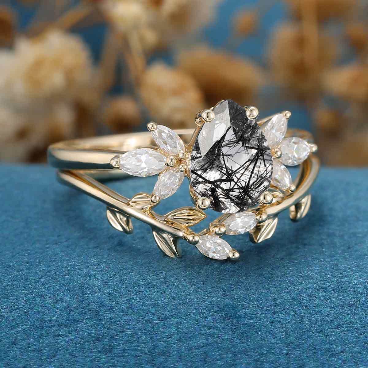 Pear cut Black Rutilated Quartz Engagement ring Bridal Set - Image 5