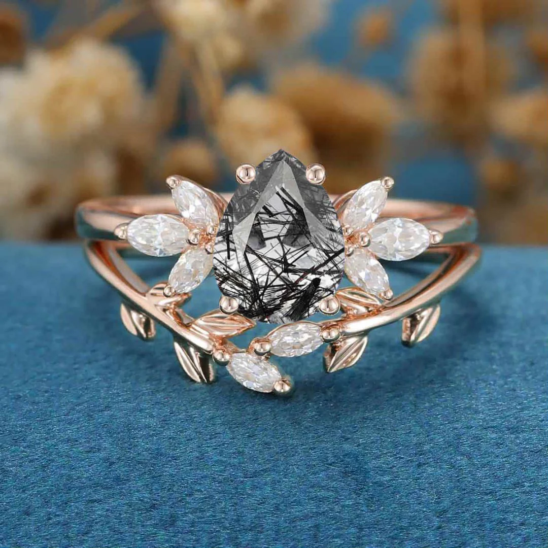 Pear cut Black Rutilated Quartz Engagement ring Bridal Set - Image 8