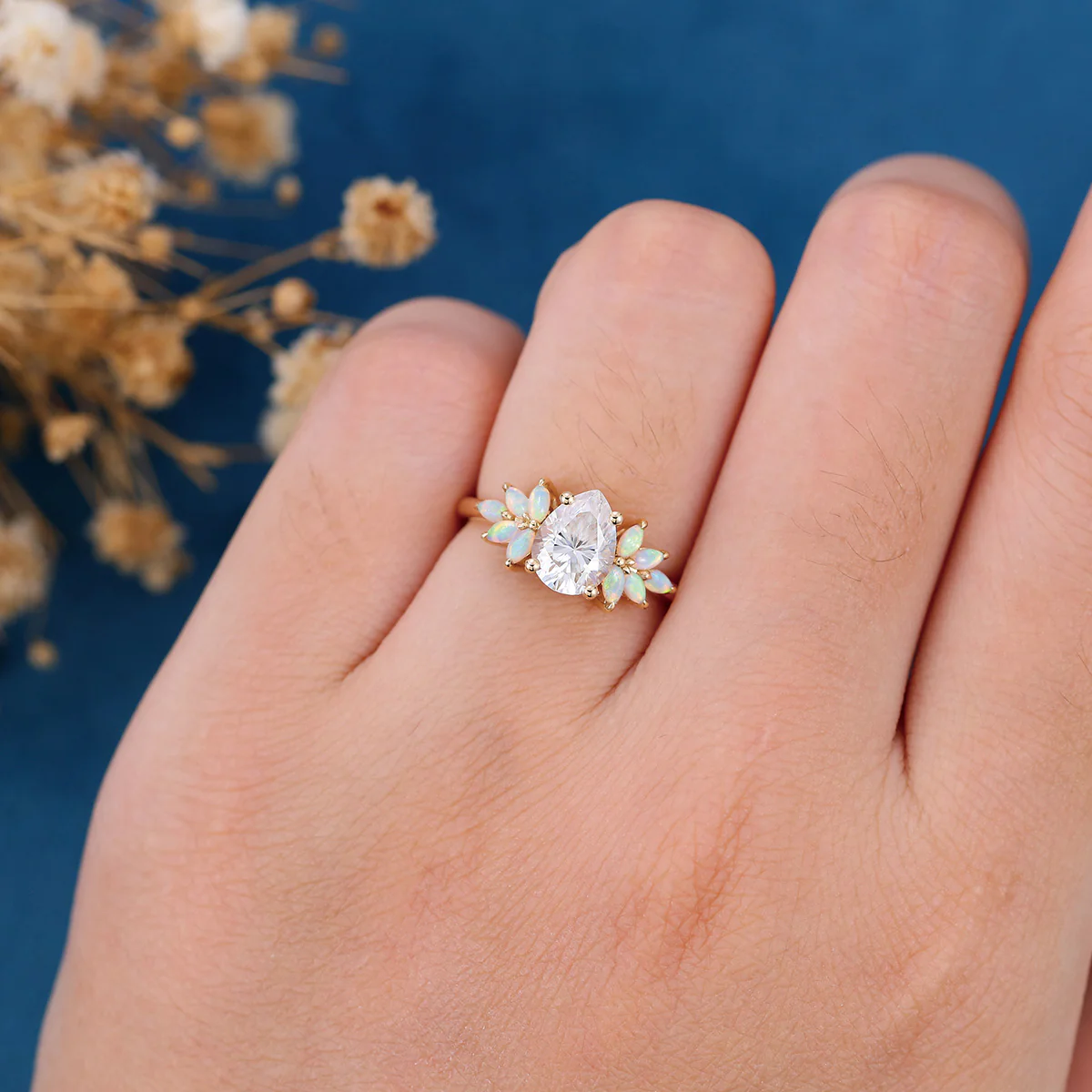 Pear cut Moissanite Cluster Opal Engagement ring - Image 2