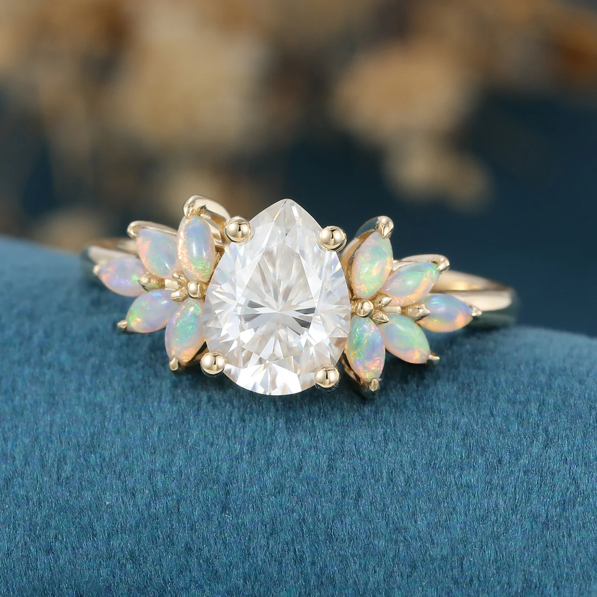 Pear cut Moissanite Cluster Opal Engagement ring - Image 4