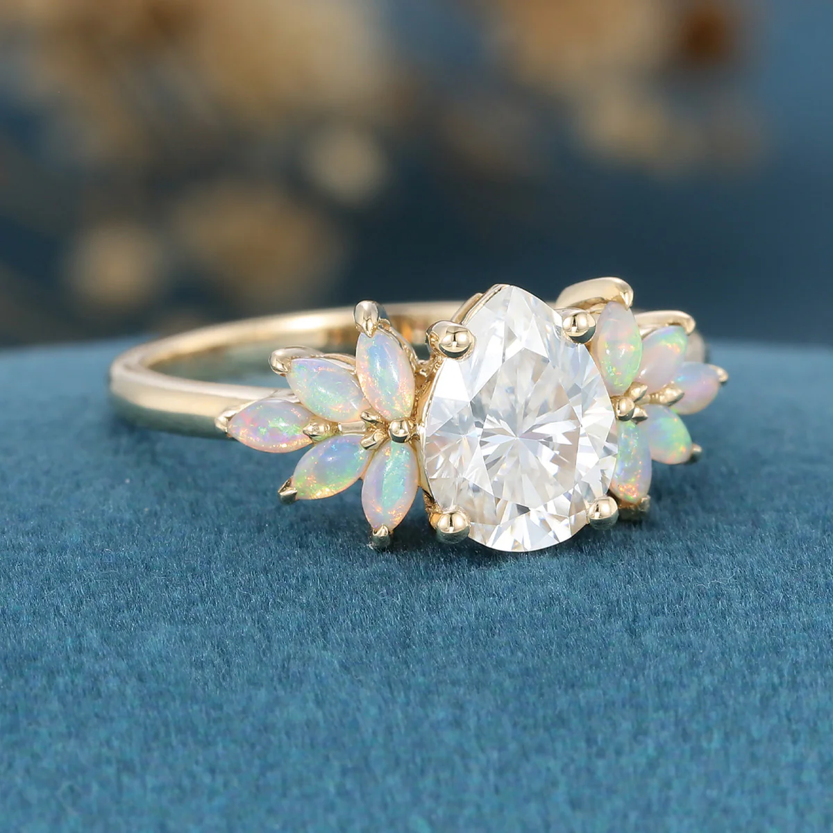 Pear cut Moissanite Cluster Opal Engagement ring - Image 5