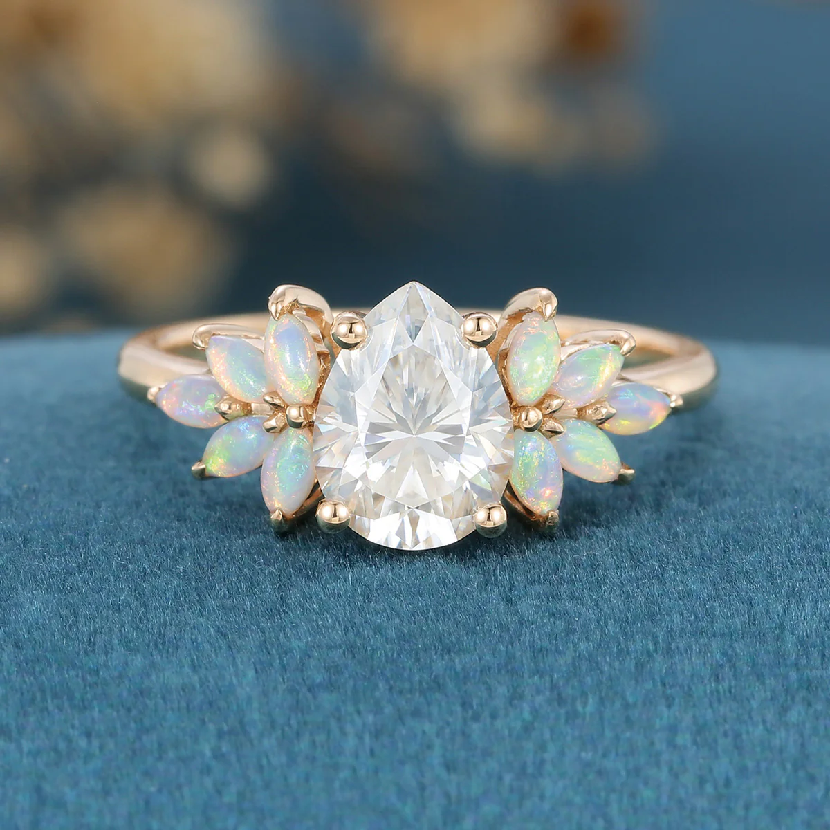 Pear cut Moissanite Cluster Opal Engagement ring - Image 7