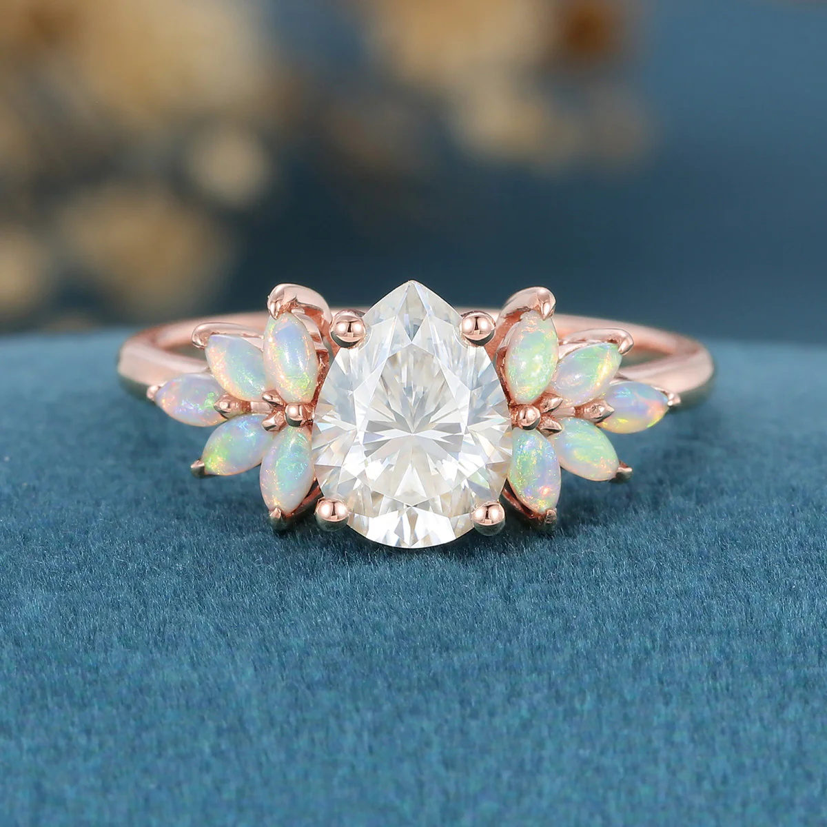 Pear cut Moissanite Cluster Opal Engagement ring - Image 8