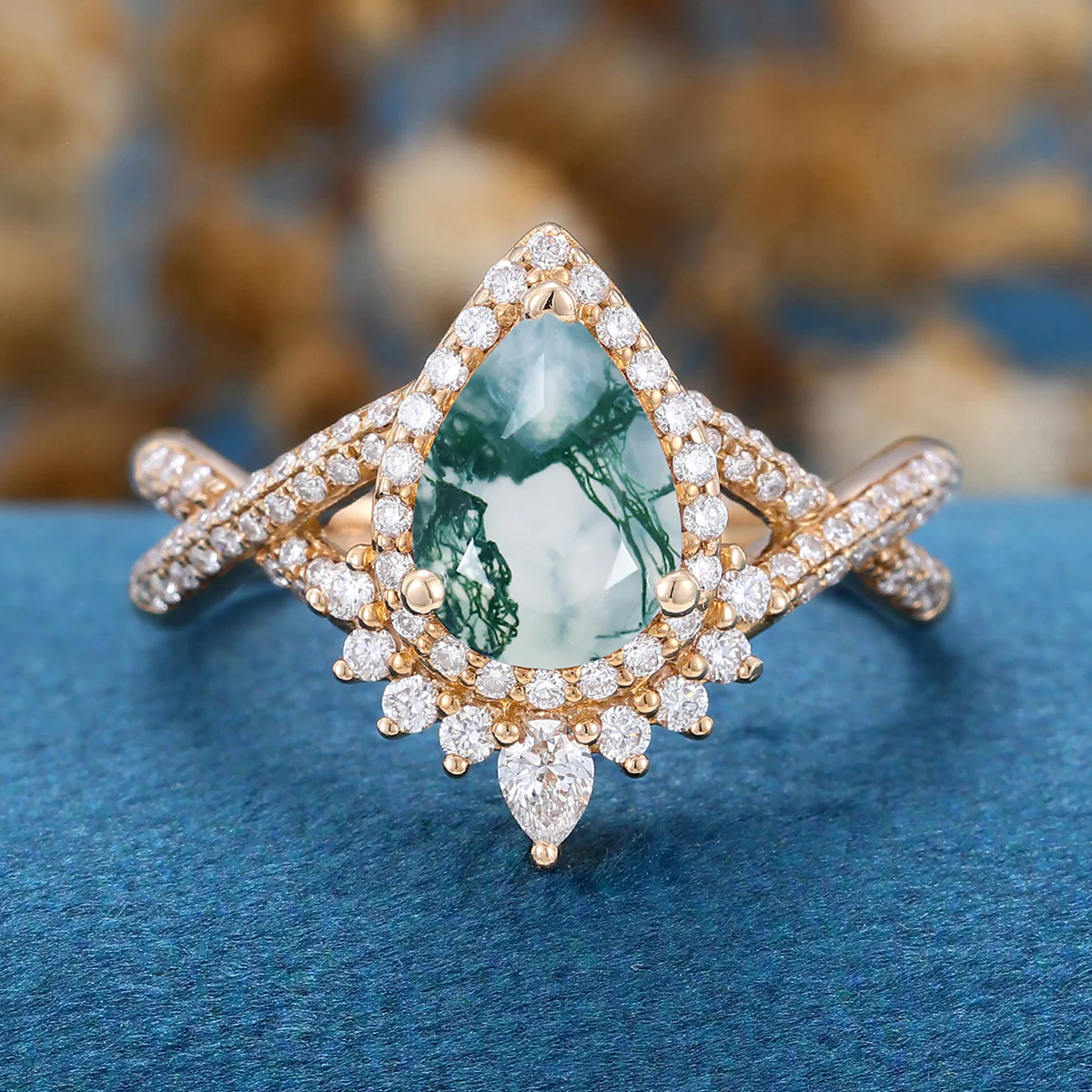 Pear Cut Natural Green Moss Agate Cluster Engagement Ring - Image 6