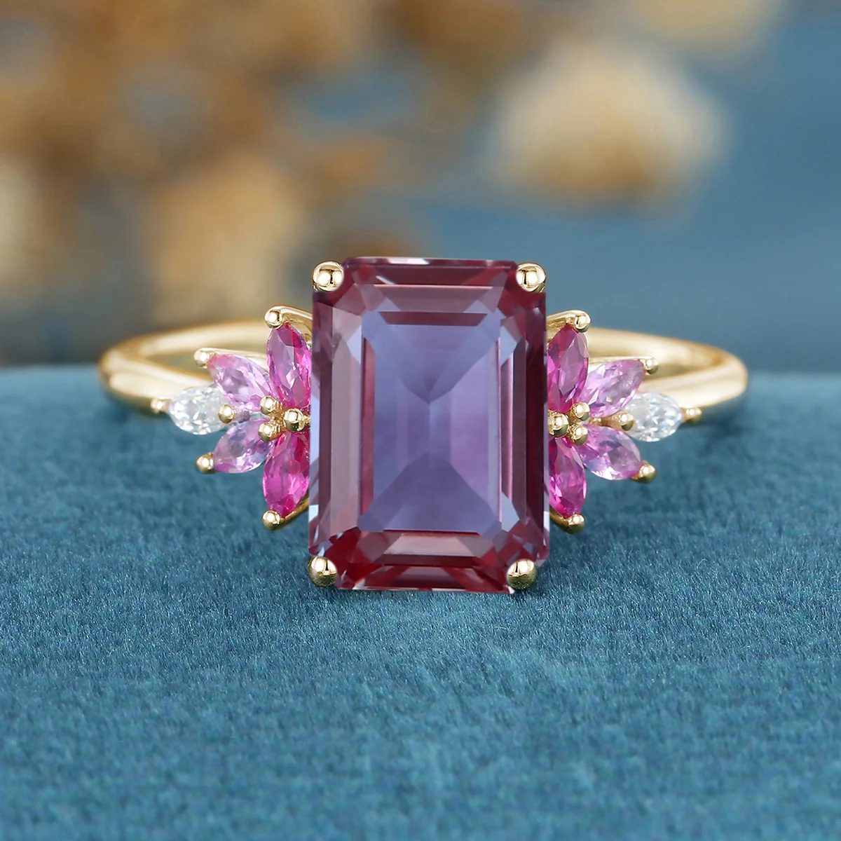 Radiant Cut Lab Alexandrite  Cluster Engagement Ring - Image 8
