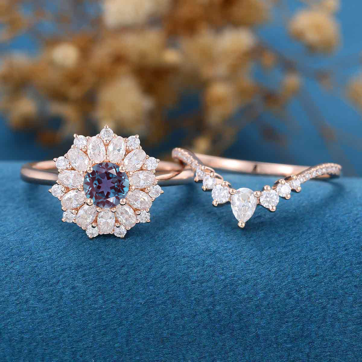 Round cut Lab Alexandrite | Diamond ring set