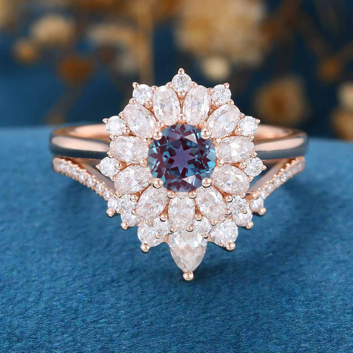 Round cut Lab Alexandrite | Diamond ring set - Image 3